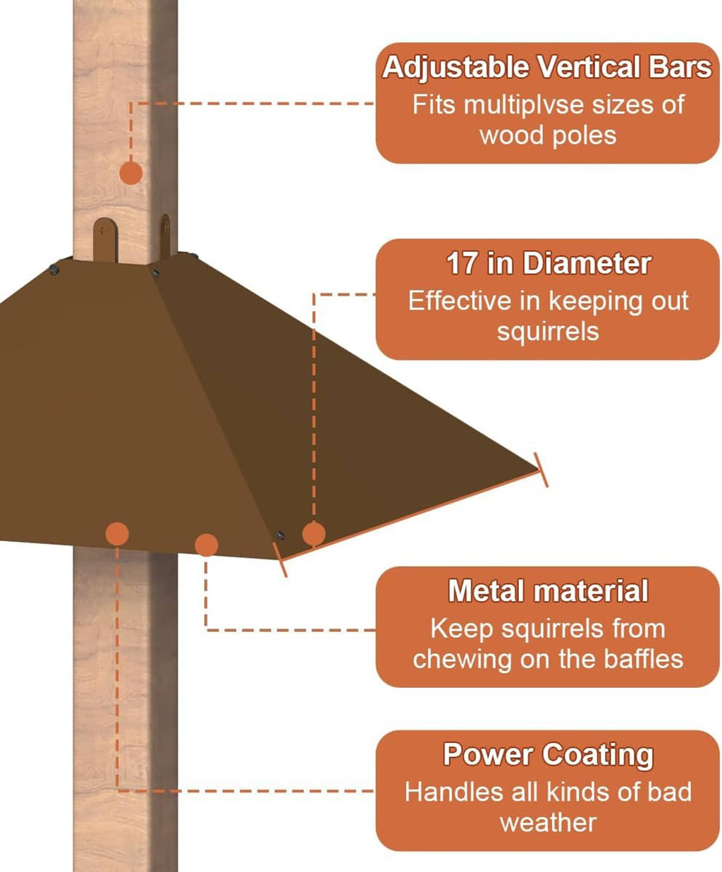 Brown metal baffle with adjustable vertical bars and pole straps, V-shaped cover