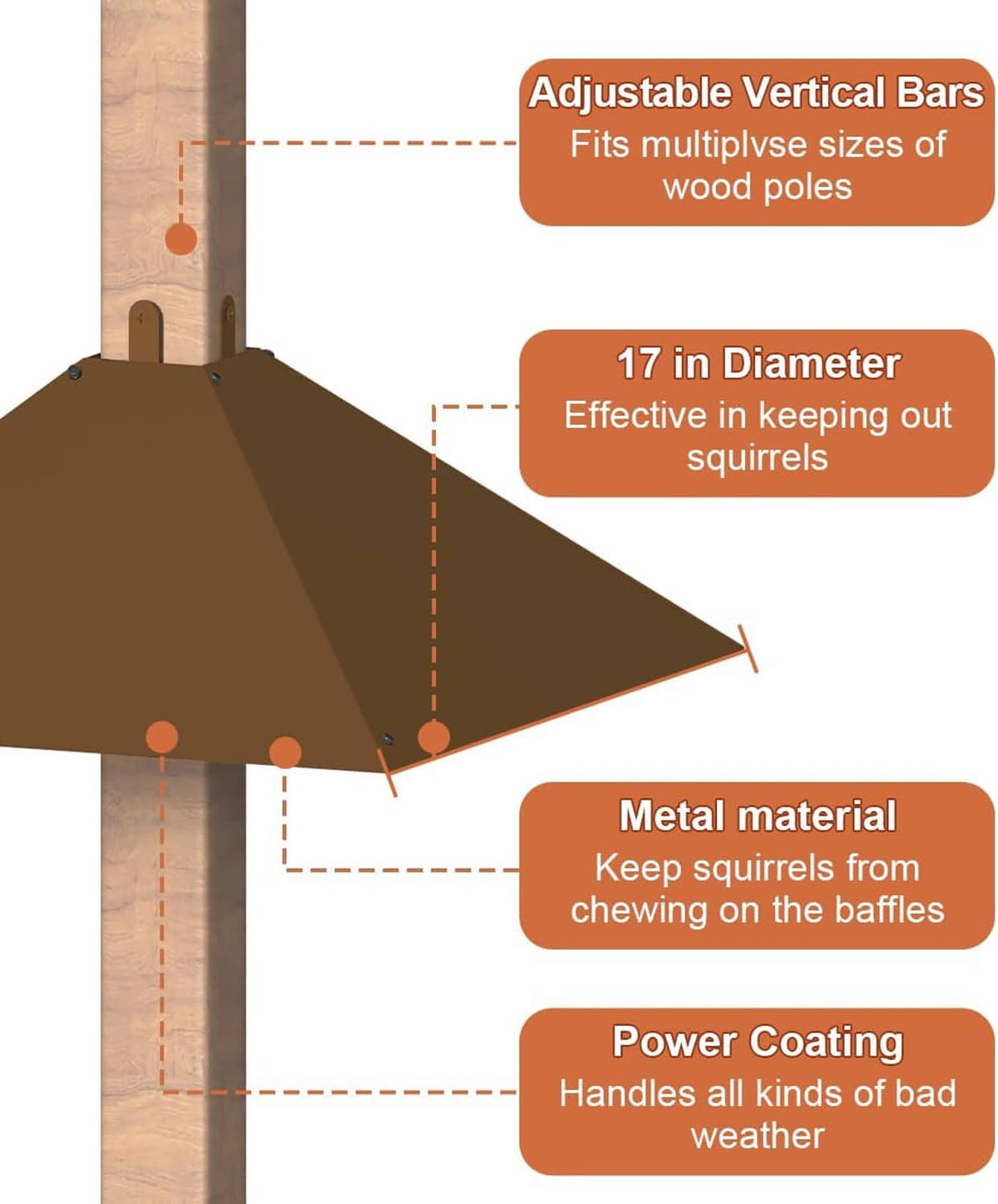Brown metal baffle with adjustable vertical bars and pole straps, V-shaped cover