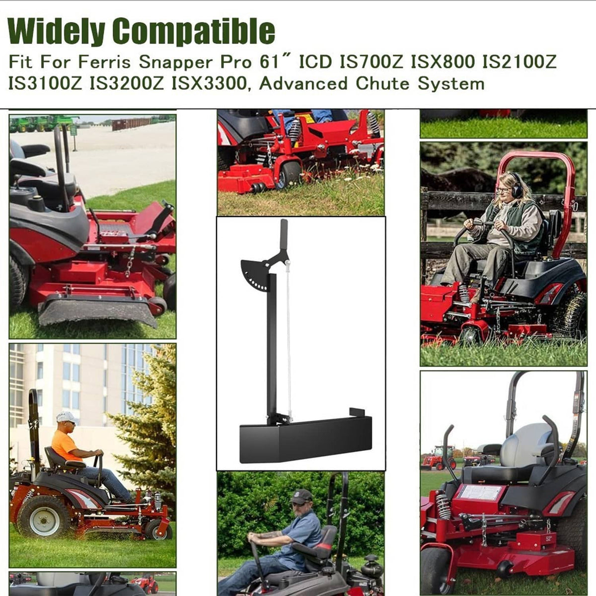 Black chute blocker shown mounted on mower, with vertical arm and discharge shield