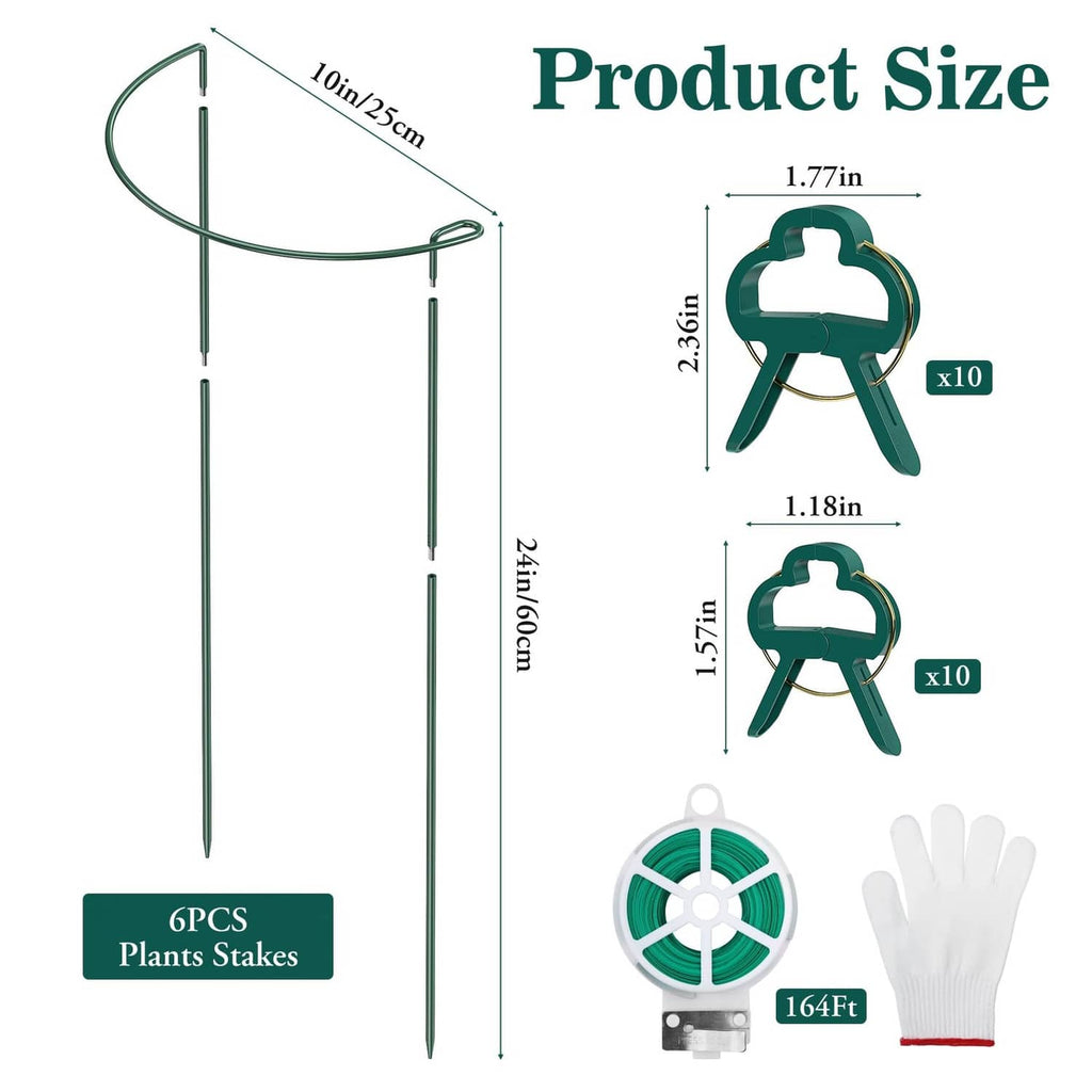 Green plant support stakes pack with size diagram and bundled clips