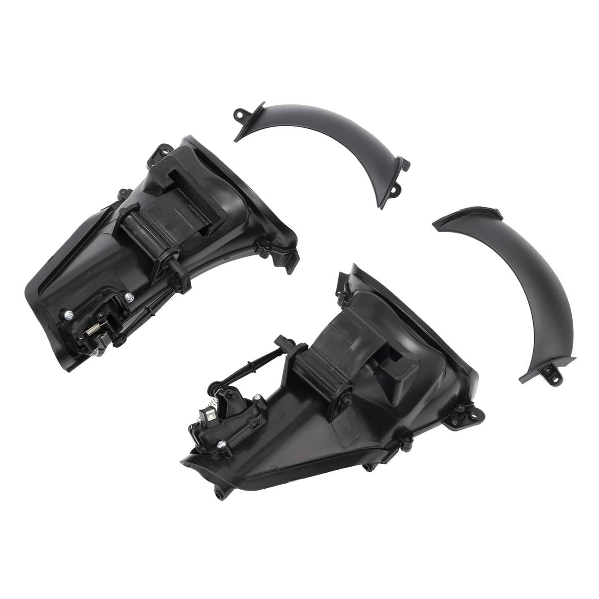 Black ABS fairing air duct parts with curved vent shields and attached mounting components