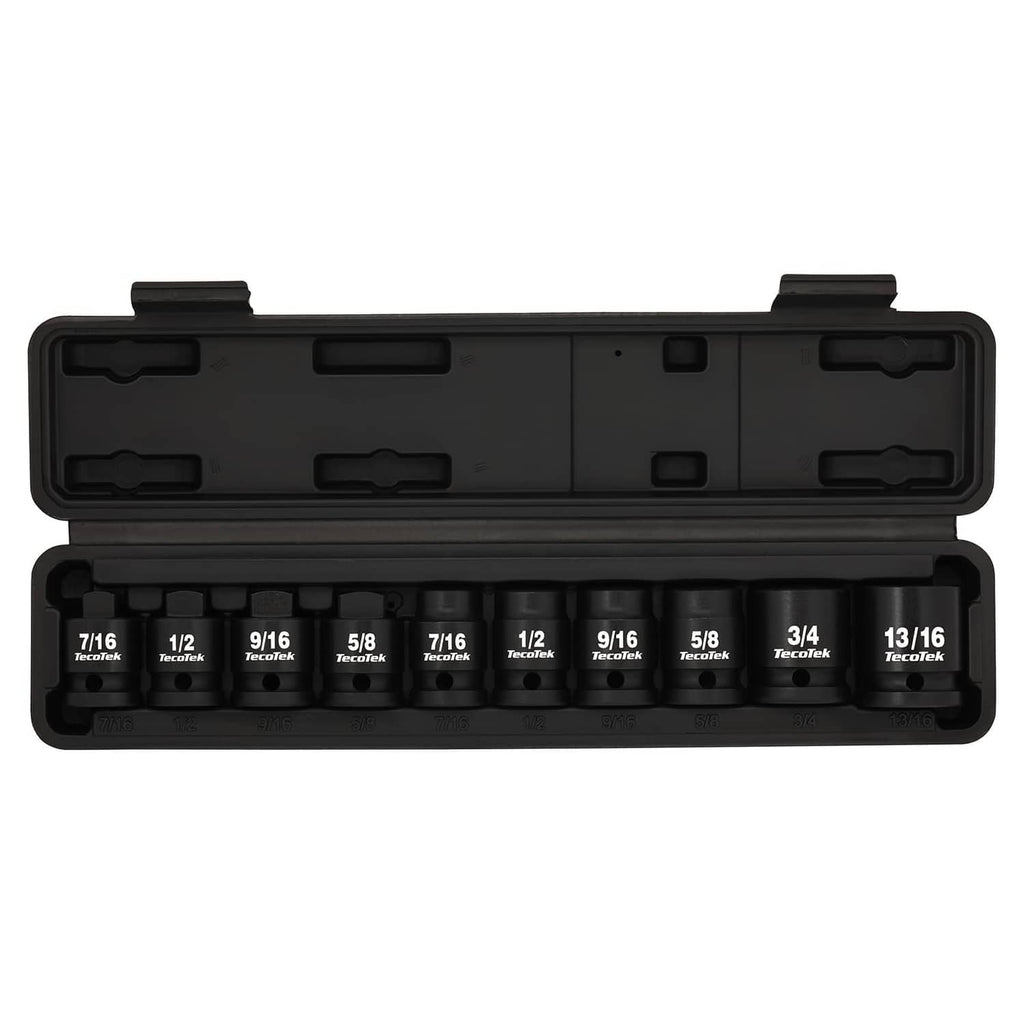Closed black molded case with 10-piece black square drive pipe plug sockets inside