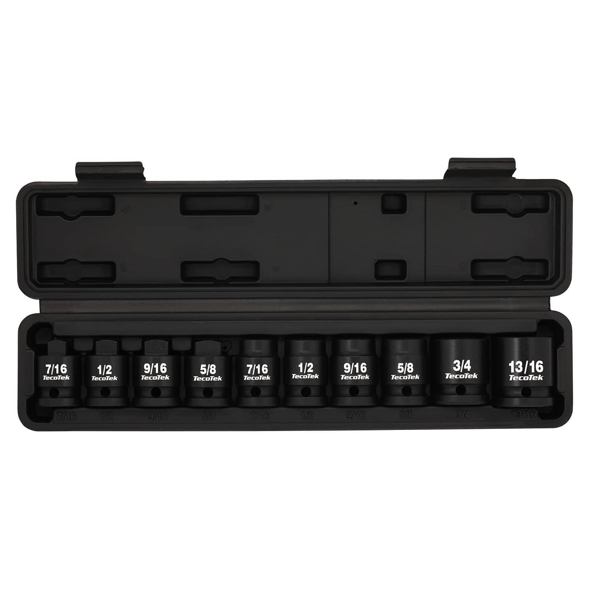 Closed black molded case with 10-piece black square drive pipe plug sockets inside