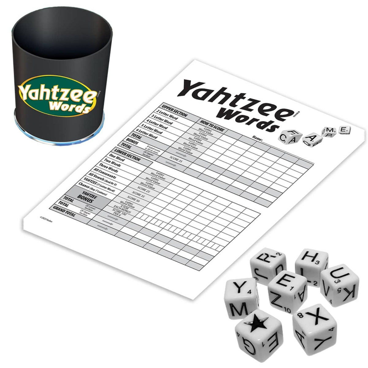 Yahtzee Words word game set with score sheet, dice, and black dice cup
