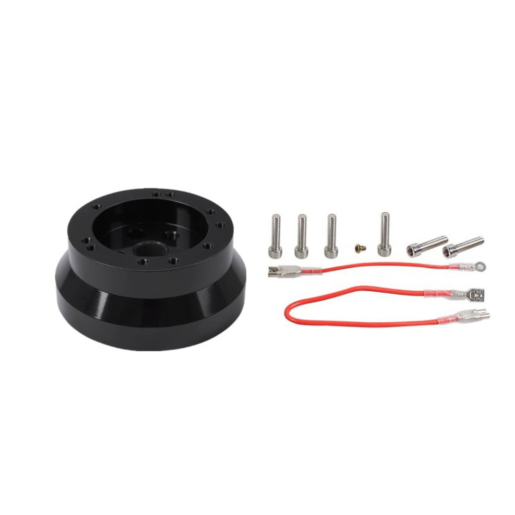 Black steering wheel hub adapter kit with base, screws, and red wiring