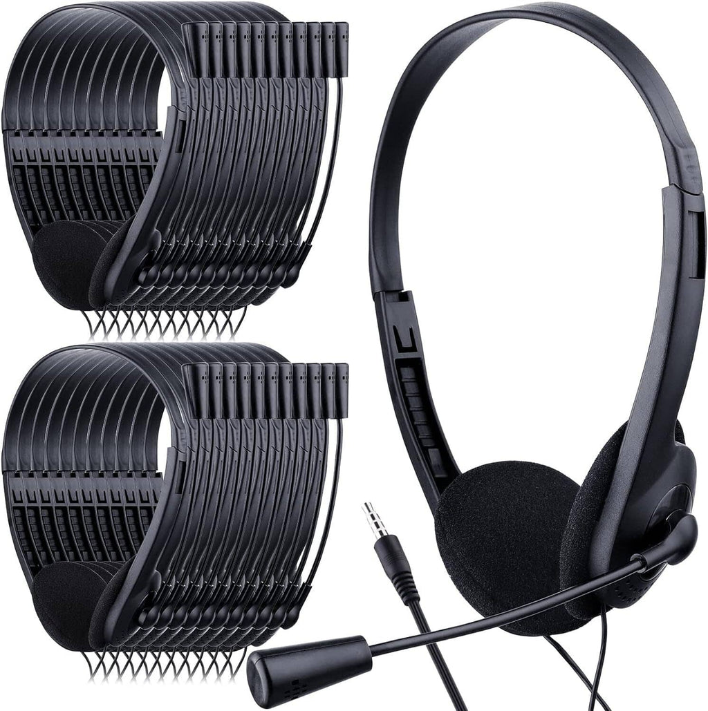 Black over-ear headphones with boom microphone; bulk set shown with multiple units