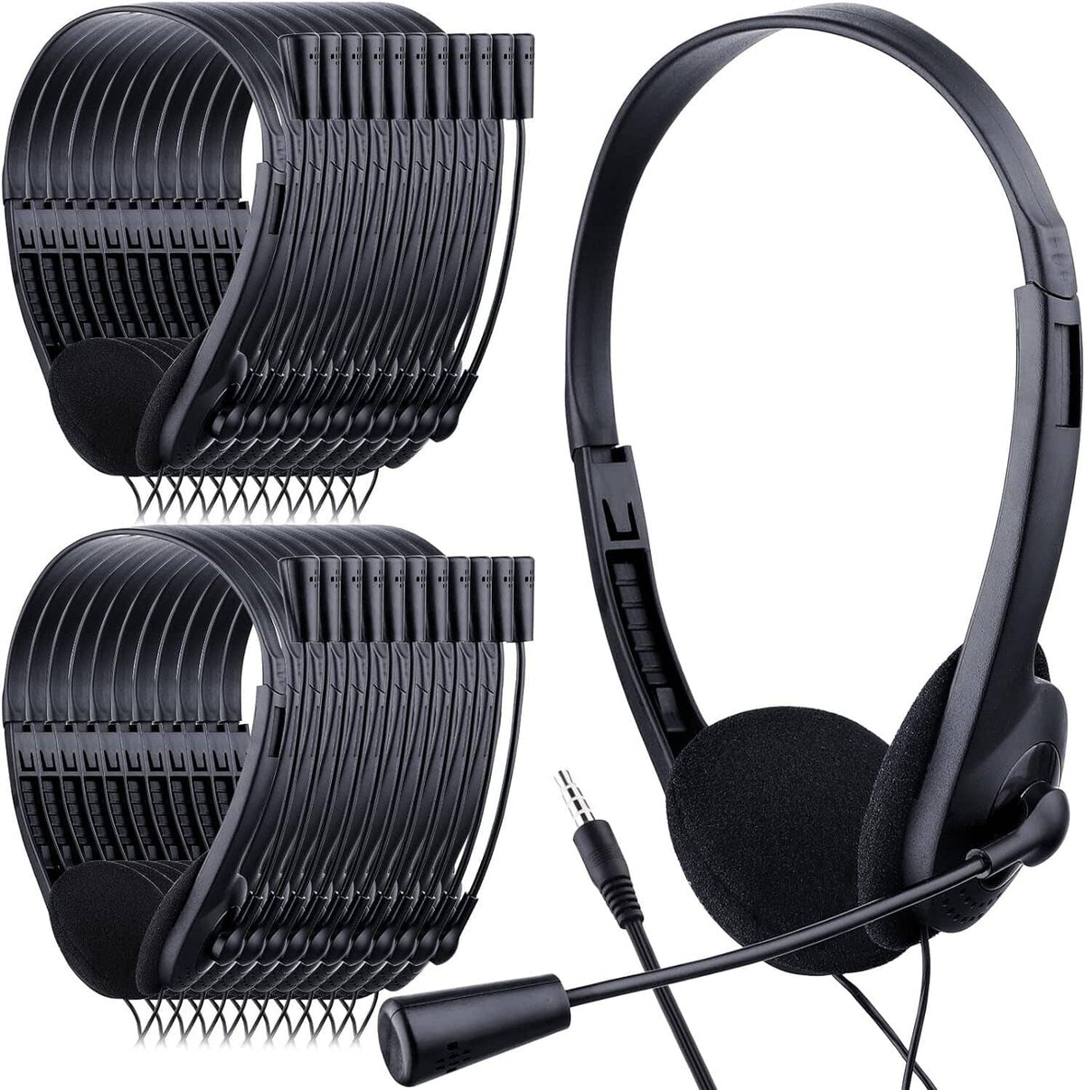 Black over-ear headphones with boom microphone; bulk set shown with multiple units