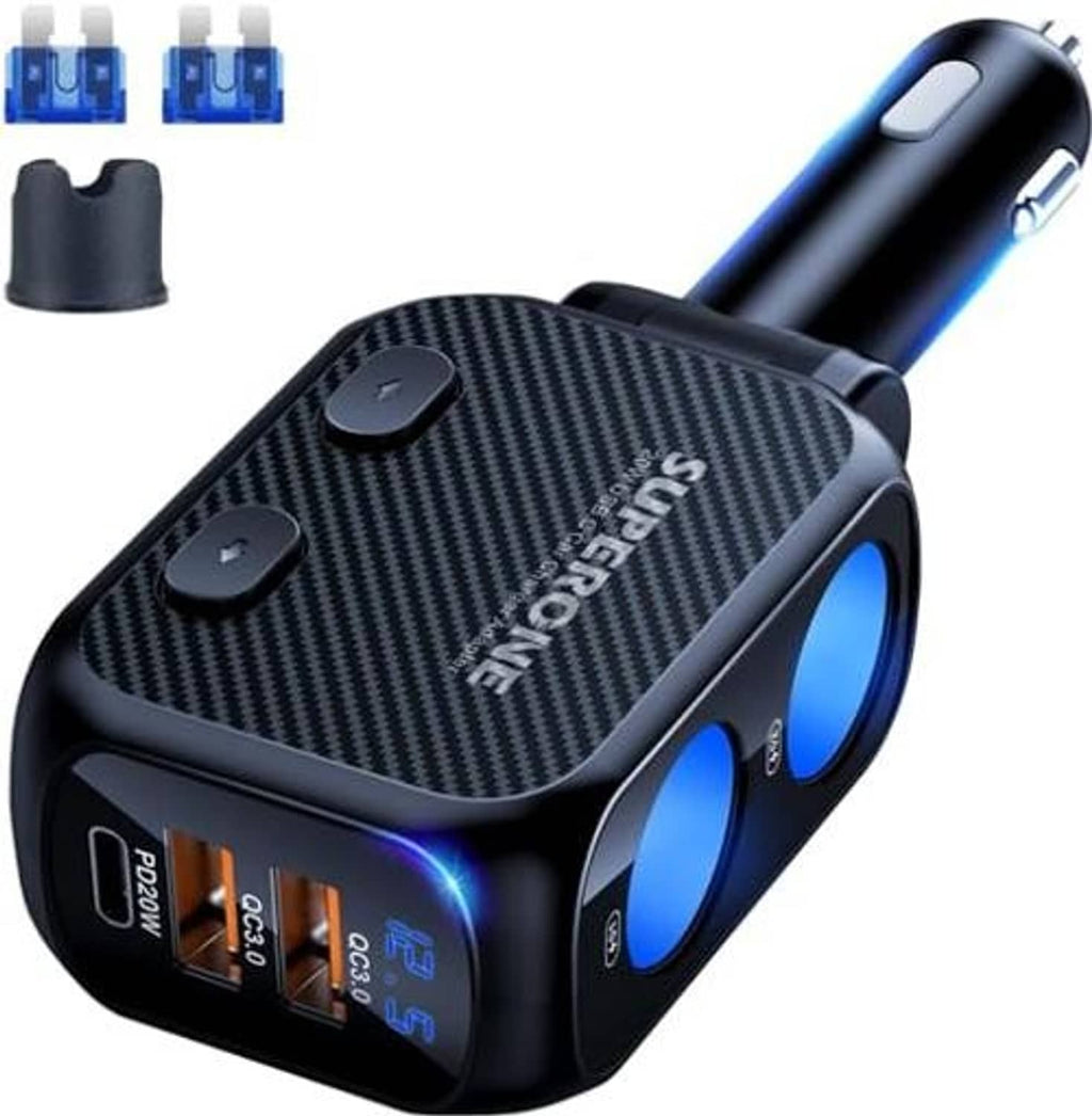 Dual-socket car lighter splitter with two blue sockets, black carbon-fiber top, USB ports