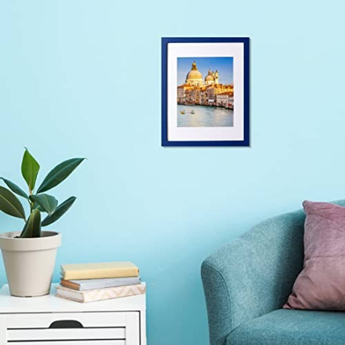 Dark blue solid wood 11x14 picture frame with white mat and landscape photo