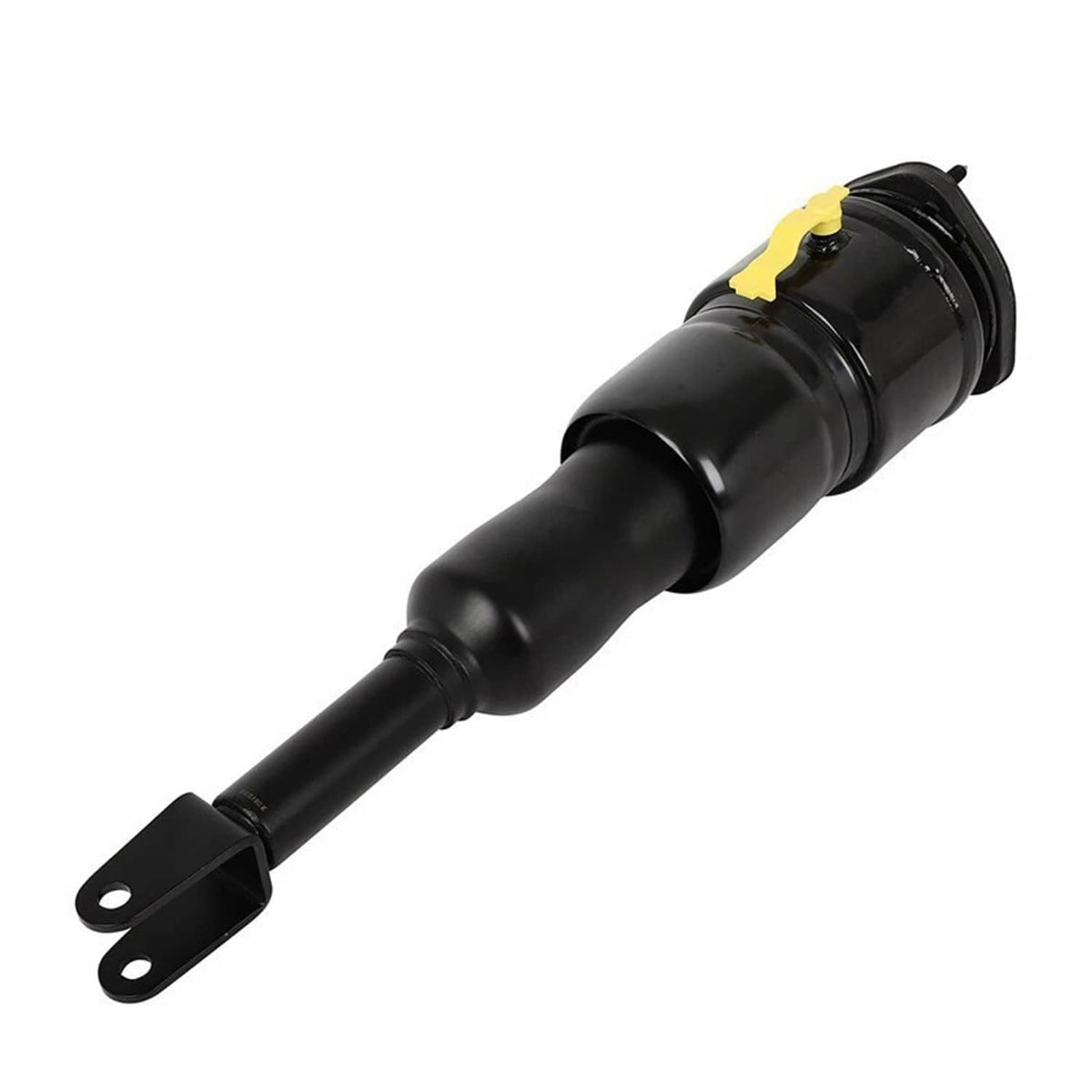 Black front air suspension shock strut with yellow cap and lower fork mounting bracket