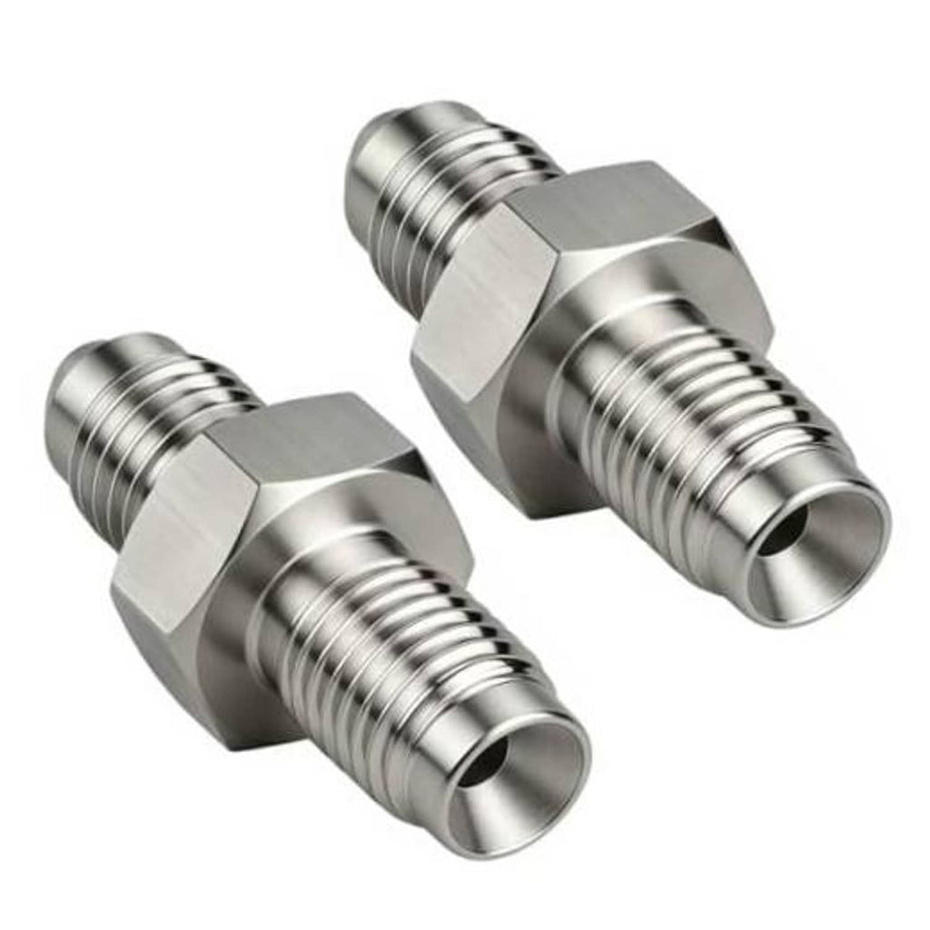 Stainless steel AN to 3/8-24 inverted flare male fitting pair, polished metal