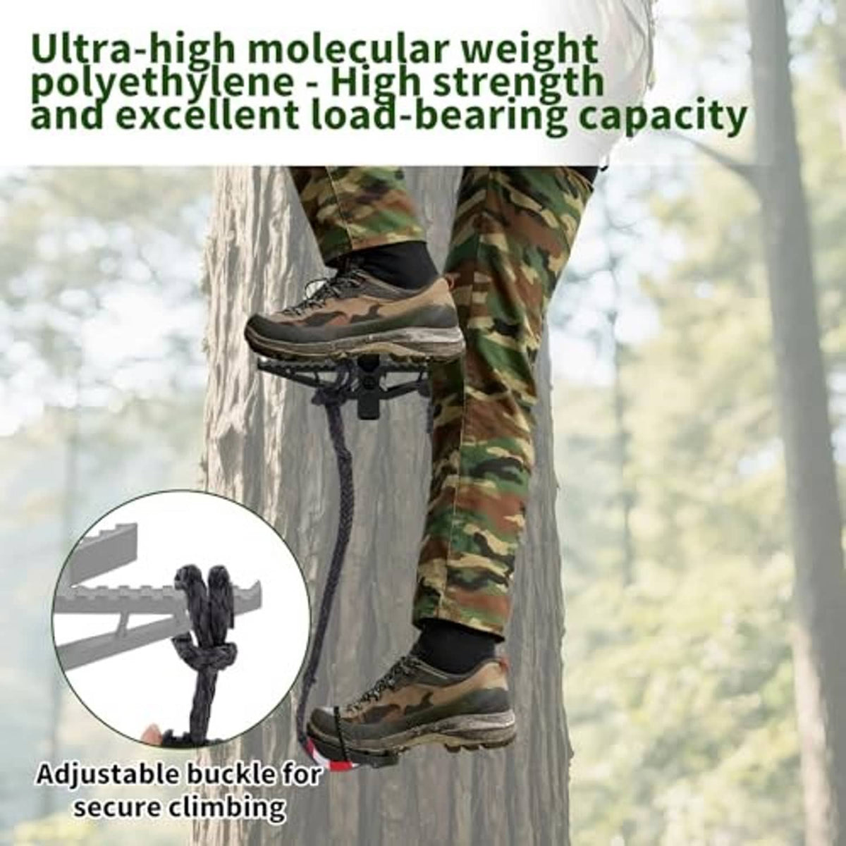 Single step aider rope loop with adjustable buckle, red trim, for climbing with boots