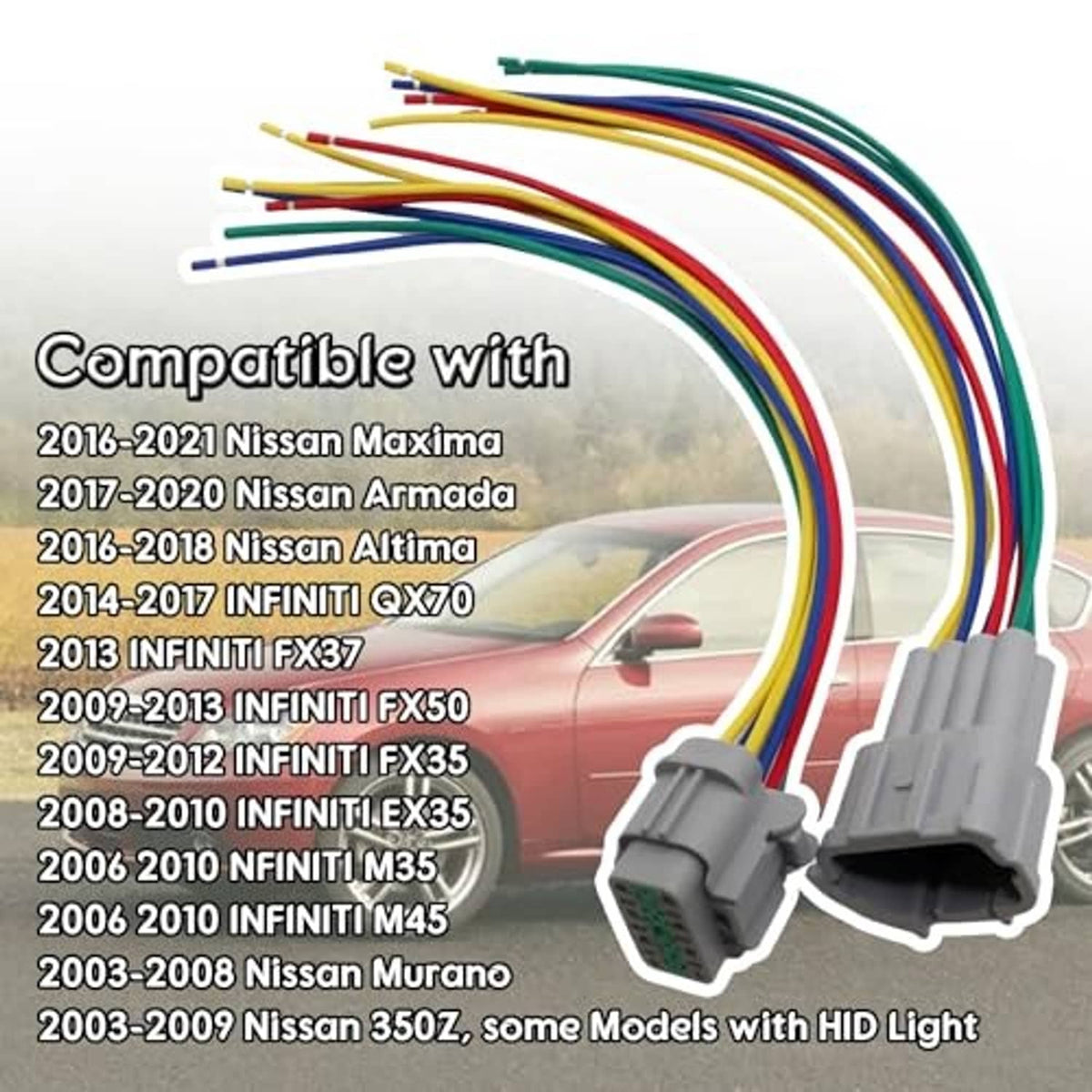 Headlight pigtail wiring harness with 8-pin gray connectors and color-coded terminal leads