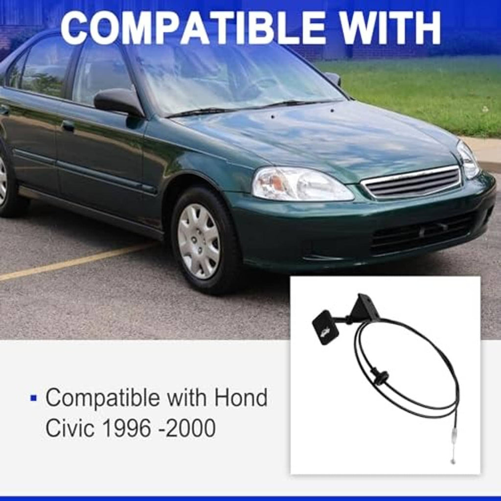Hood release cable with black handle, cable loop, and mounting bracket shown with car