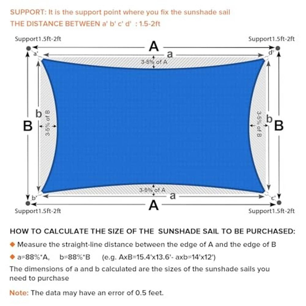 Blue rectangular sun shade sail layout diagram with curved corners and mounting supports.