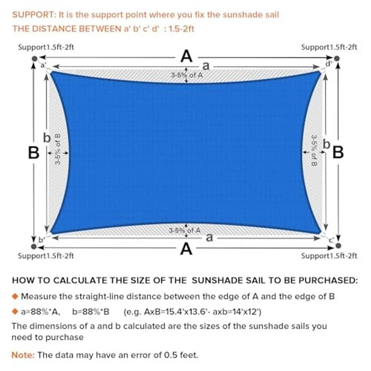 Blue rectangular sun shade sail layout diagram with curved corners and mounting supports.