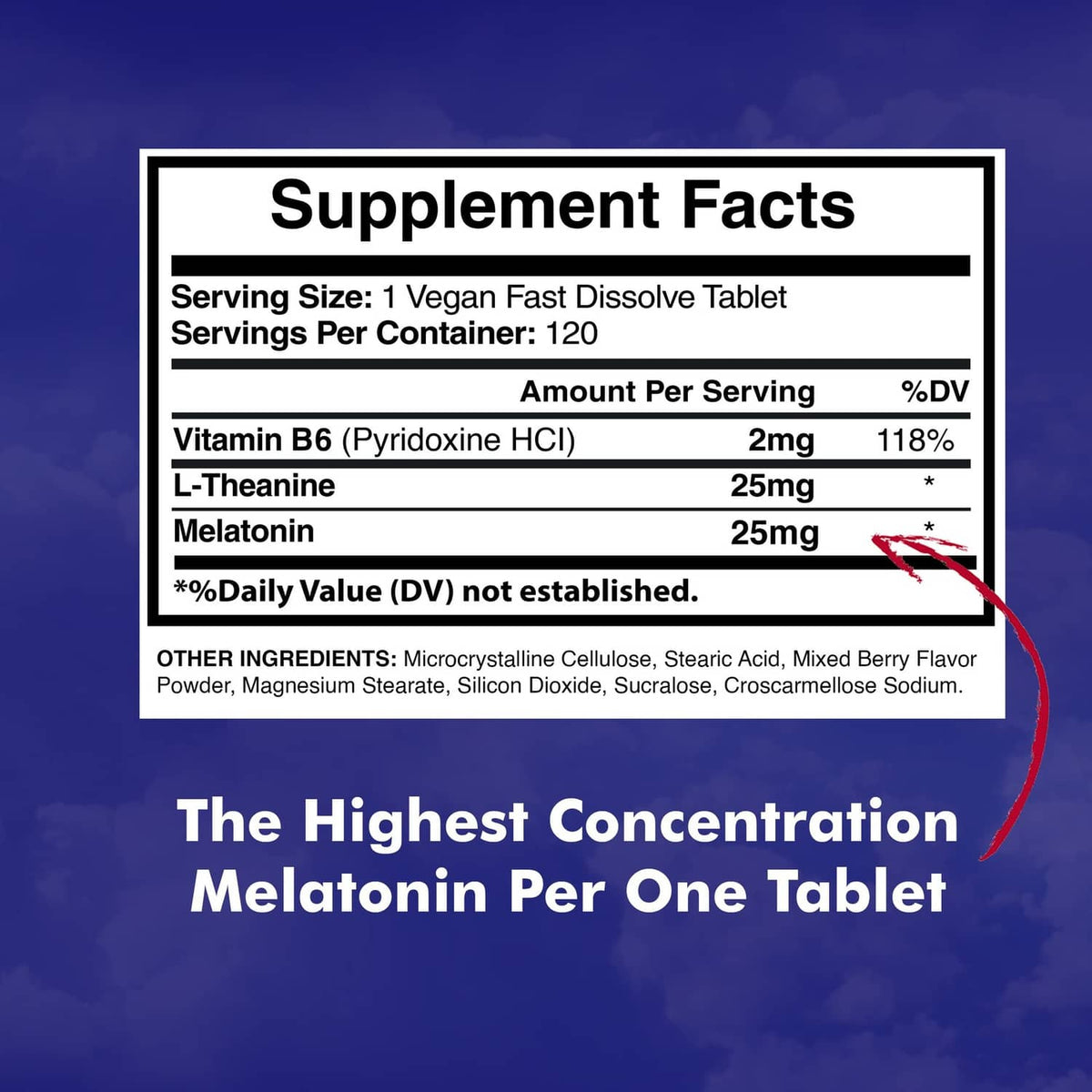 Supplement Facts panel for vitamin B6, L-theanine, and melatonin 25mg vegan fast dissolve