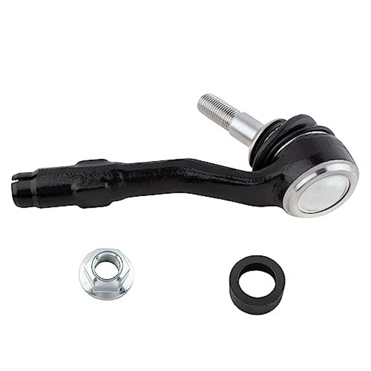 Tie rod end outer joint, curved black arm with silver threaded stud, plus rubber seal