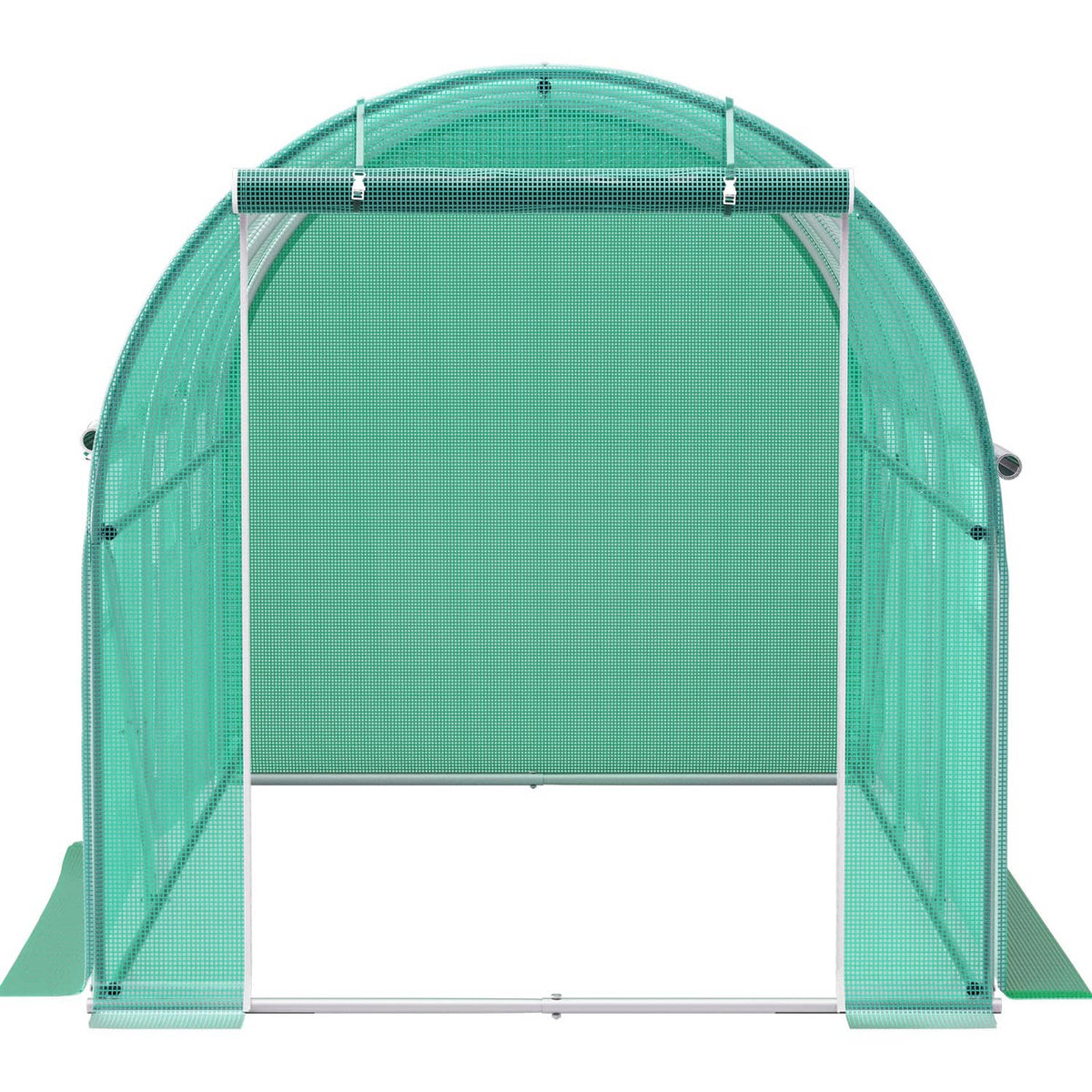 Front opening of greenhouse tunnel with clear green cover panels and galvanized frame