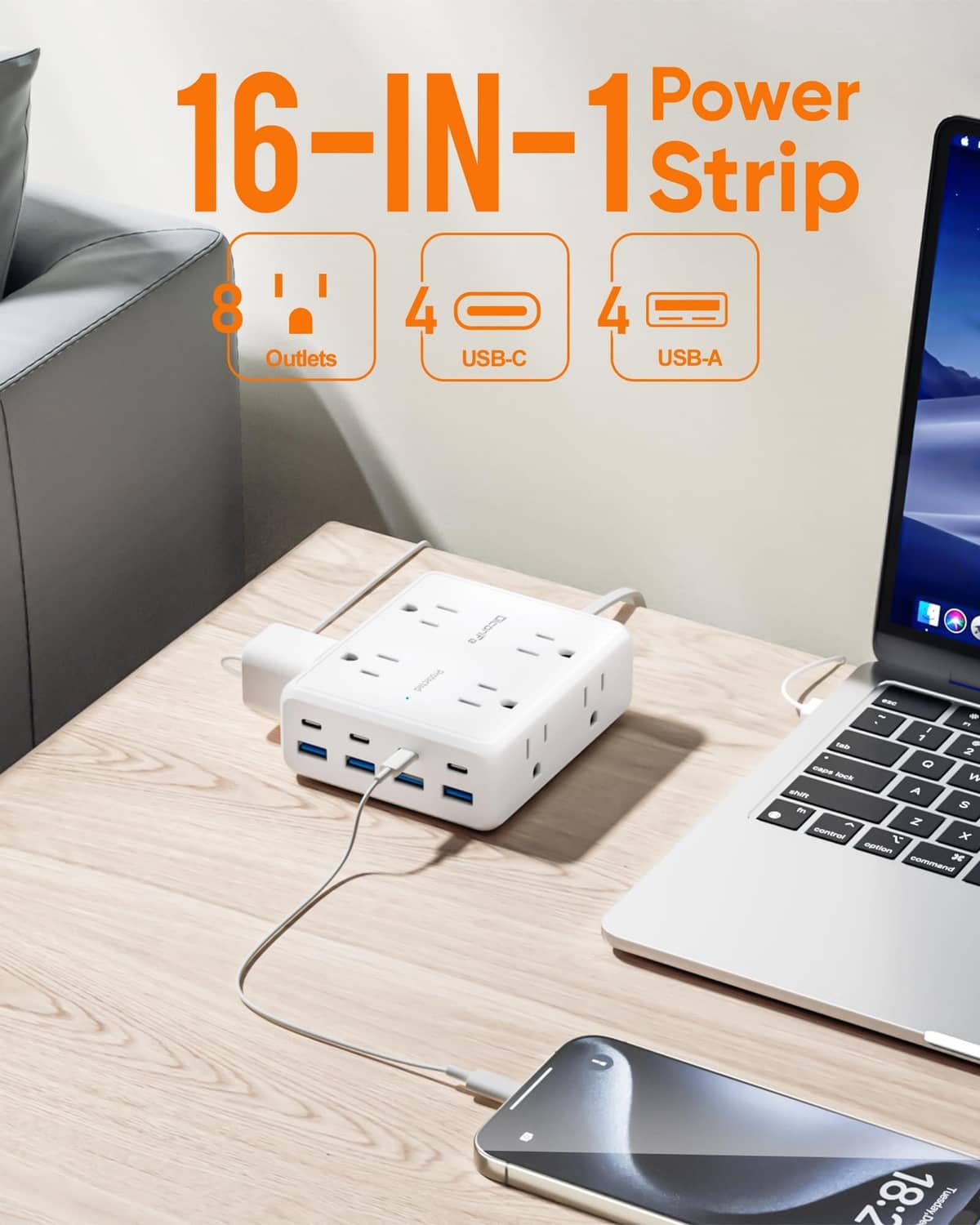 White flat plug power strip with extension cord and USB charging ports.