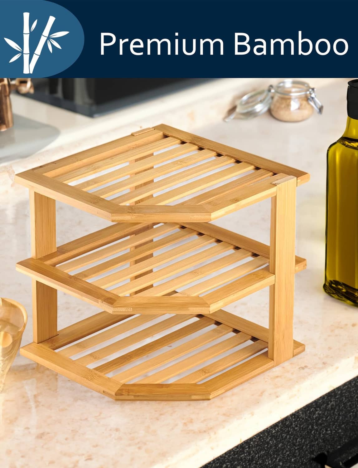Natural bamboo 3-tier corner shelf organizer with slatted shelves