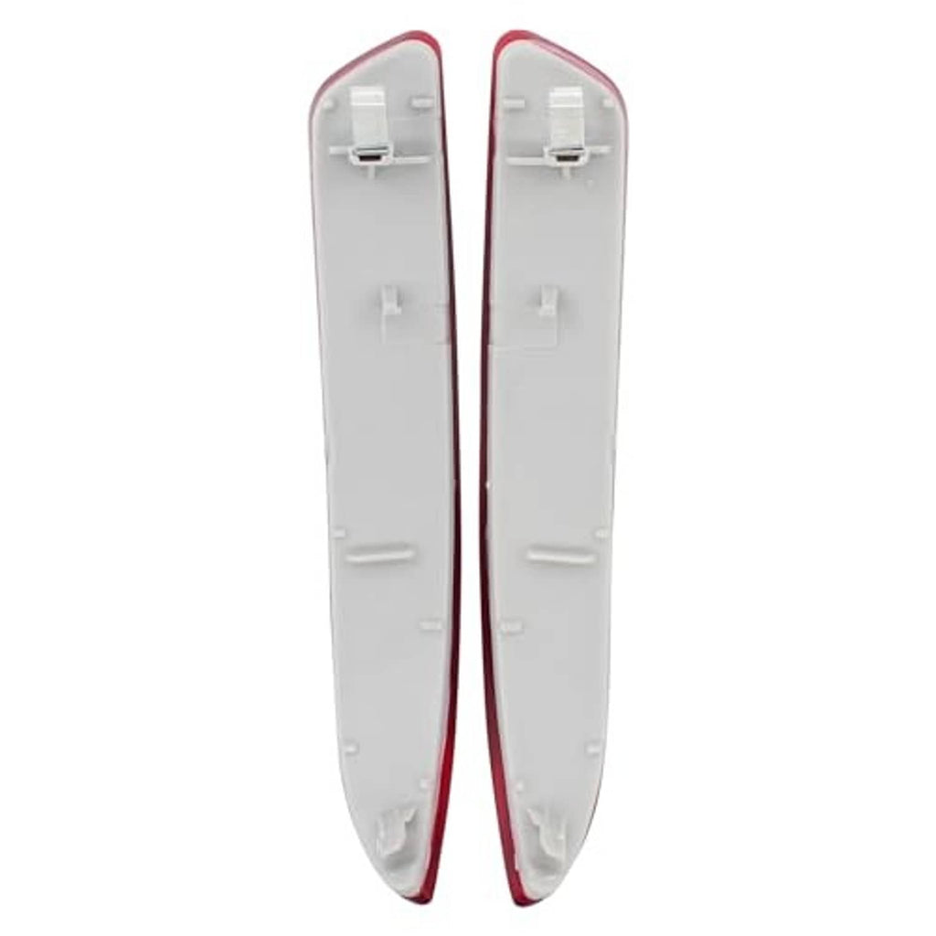 Back view of rear bumper reflector marker trim, white housing with red edges