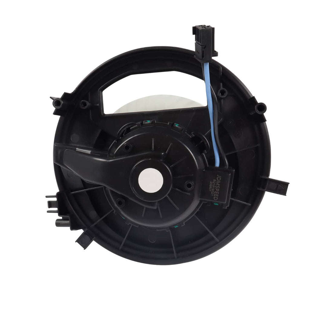 HVAC blower motor housing with circular fan and electrical connectors