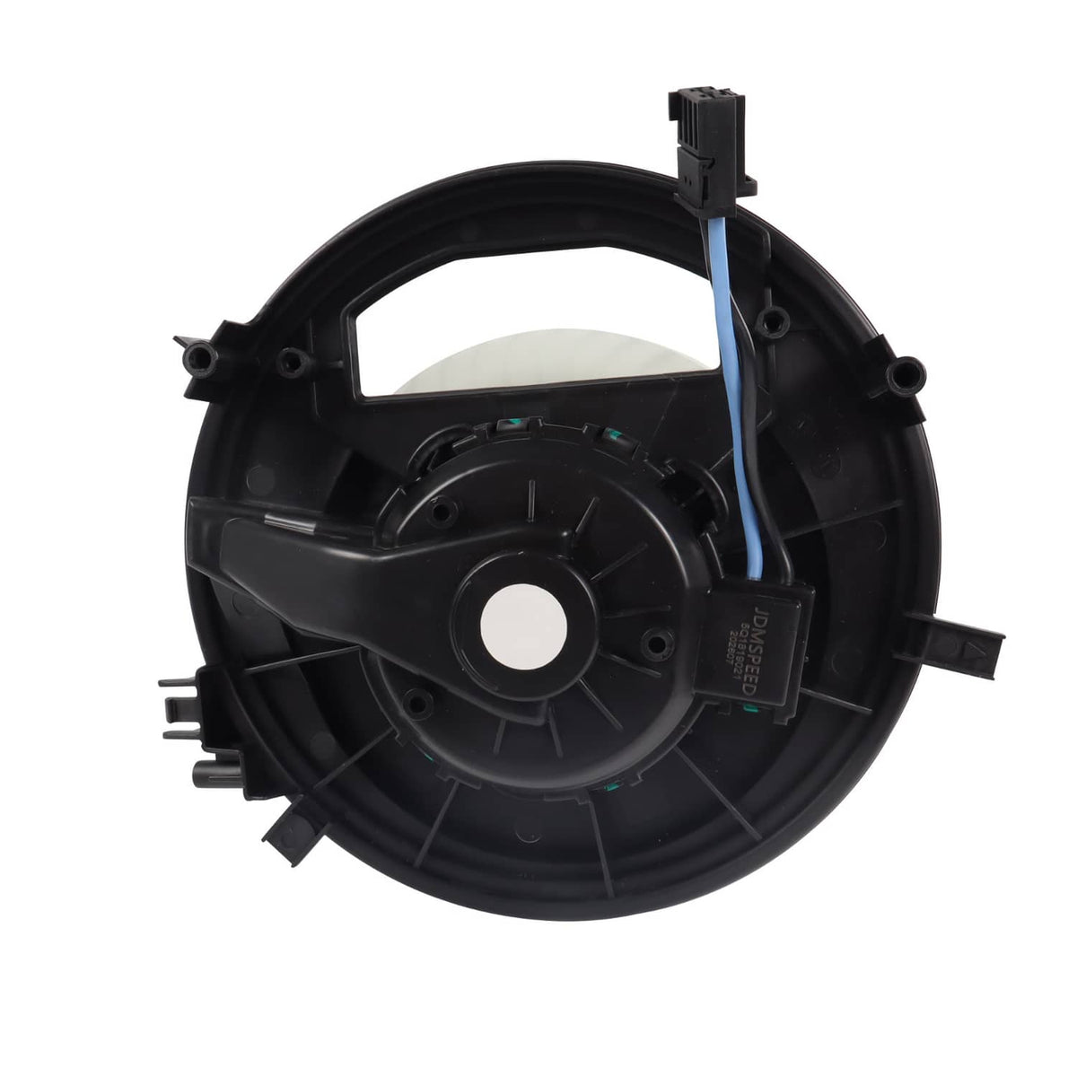 HVAC blower motor housing with circular fan and electrical connectors