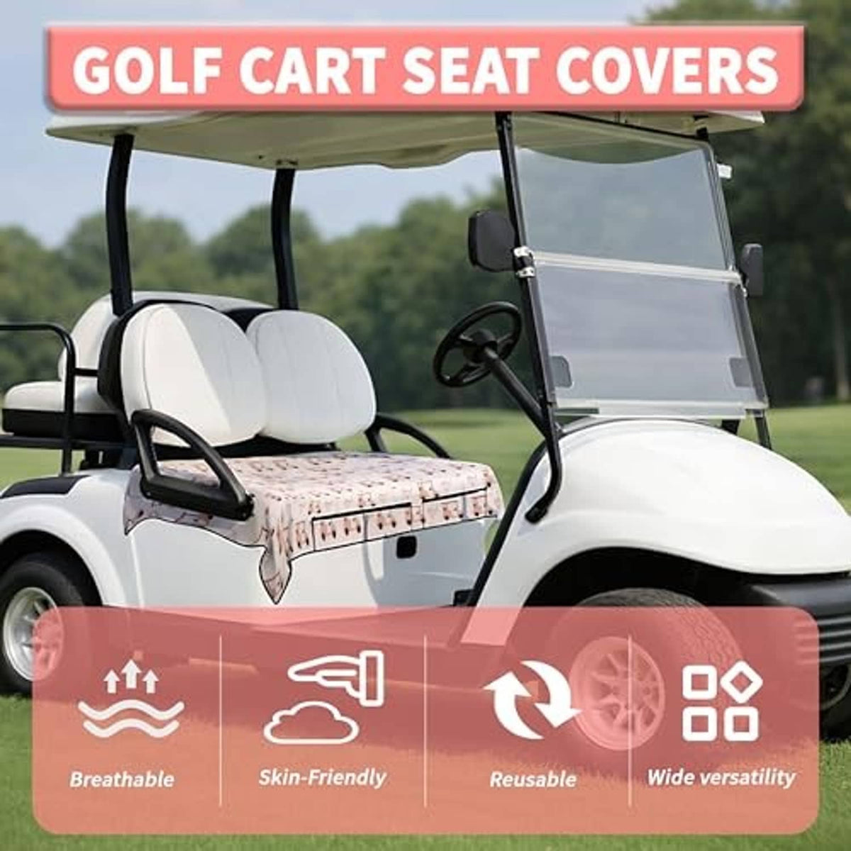 Pink golf cart seat cover set with repeating cart icons on the two-seat bench