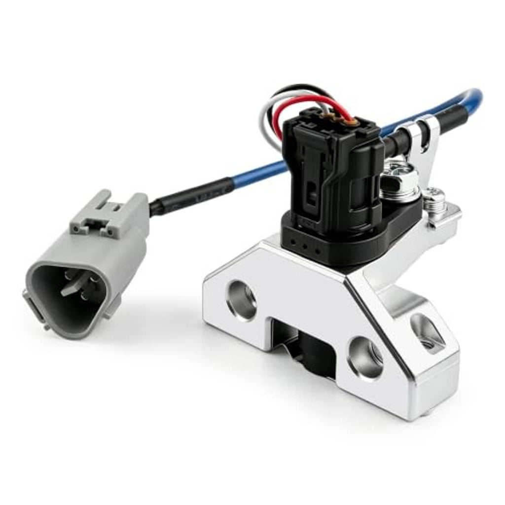 Camshaft position sensor with metal bracket and black connector, detached gray plug on cable