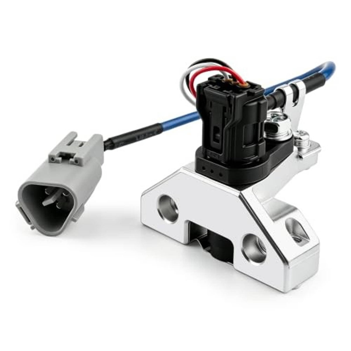 Camshaft position sensor with metal bracket and black connector, detached gray plug on cable