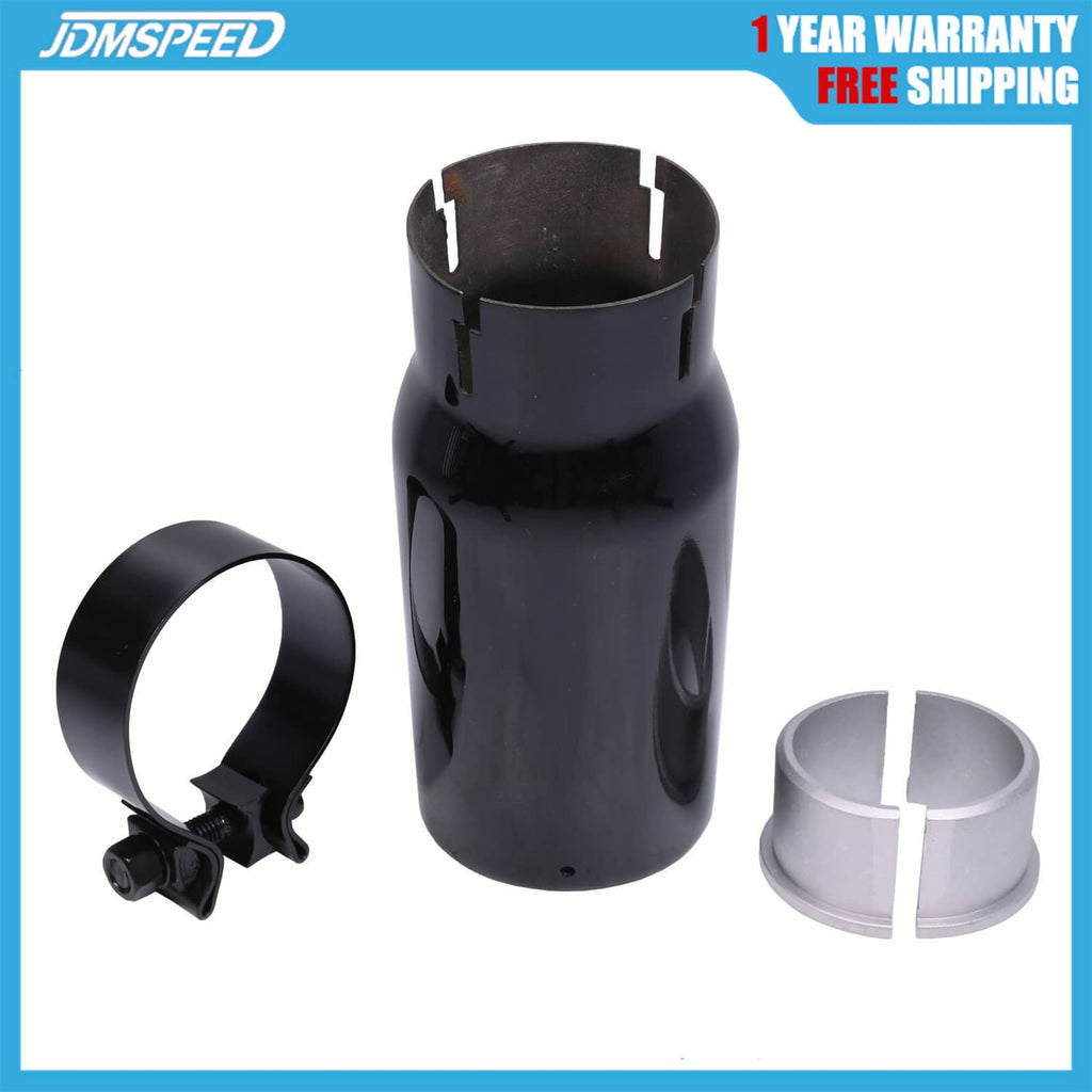 Black chrome exhaust tip with clamp and silver inner rings, shown with accessories