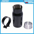 Black chrome exhaust tip with clamp and silver inner rings, shown with accessories