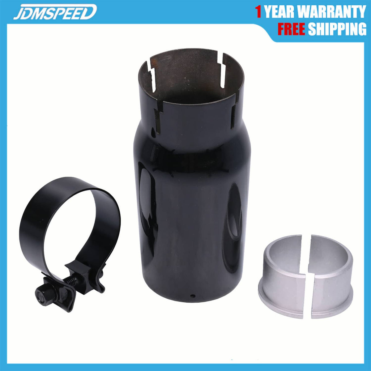 Black chrome exhaust tip with clamp and silver inner rings, shown with accessories