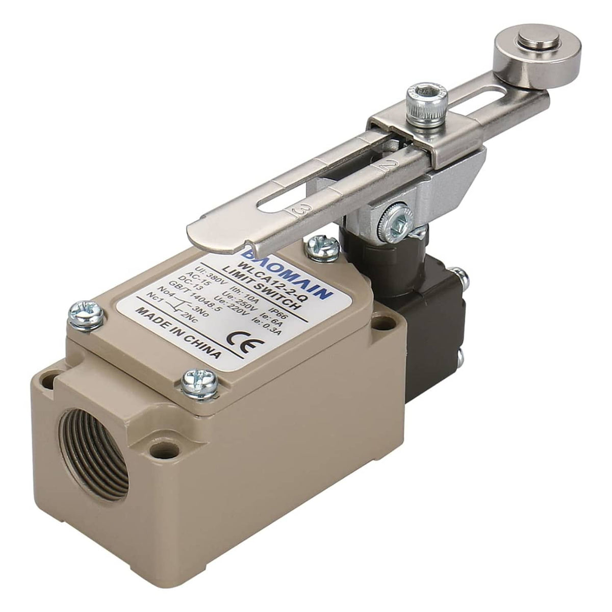Adjustable roller lever limit switch front view with roller actuator and beige housing