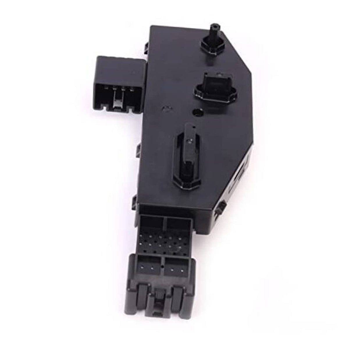 Black front seat control switch module with two rocker buttons and wiring connector