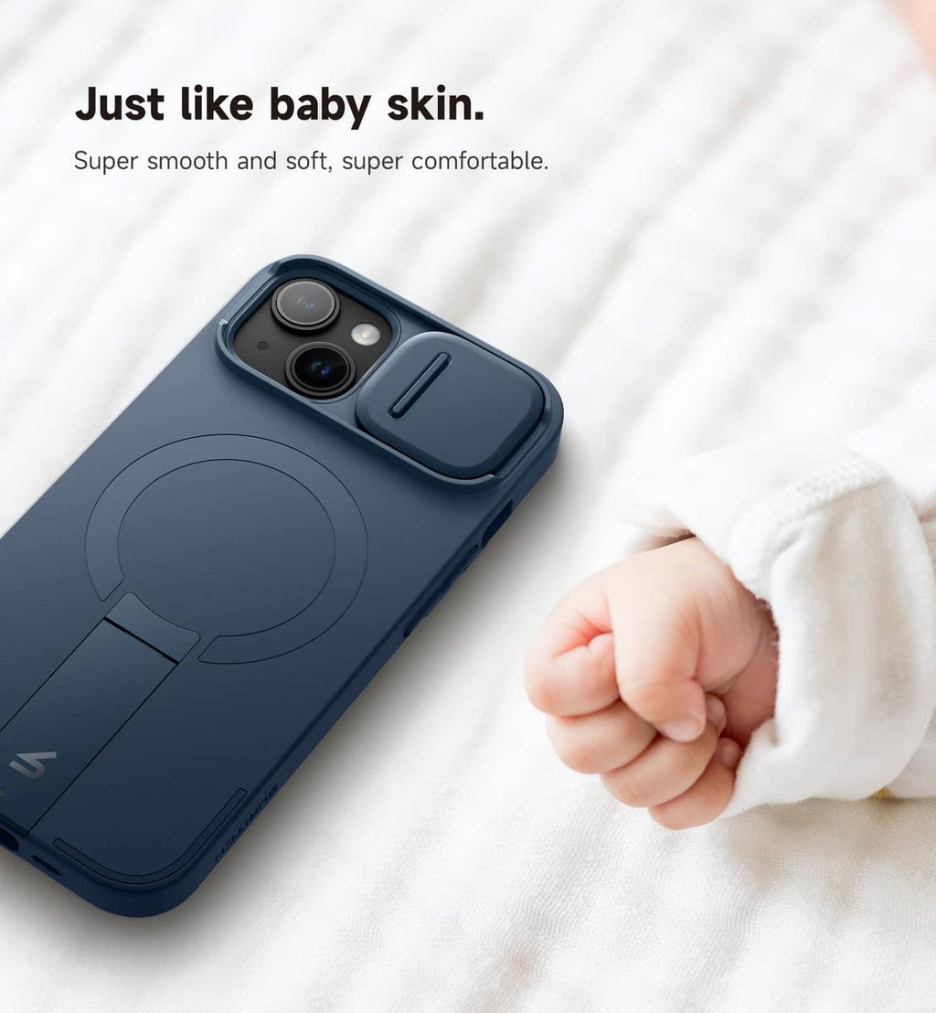 Blue iPhone case with smooth finish, circular grip panel, and camera cover