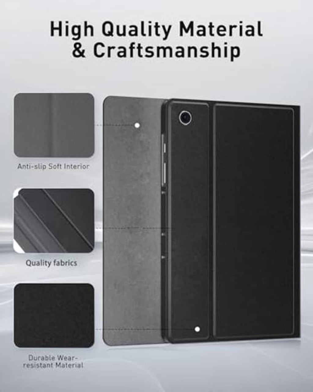 Black folio keyboard case with anti-slip interior and reinforced back panel