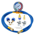 Refrigerant charging hose kit with blue hose, brass fittings, and pressure gauge