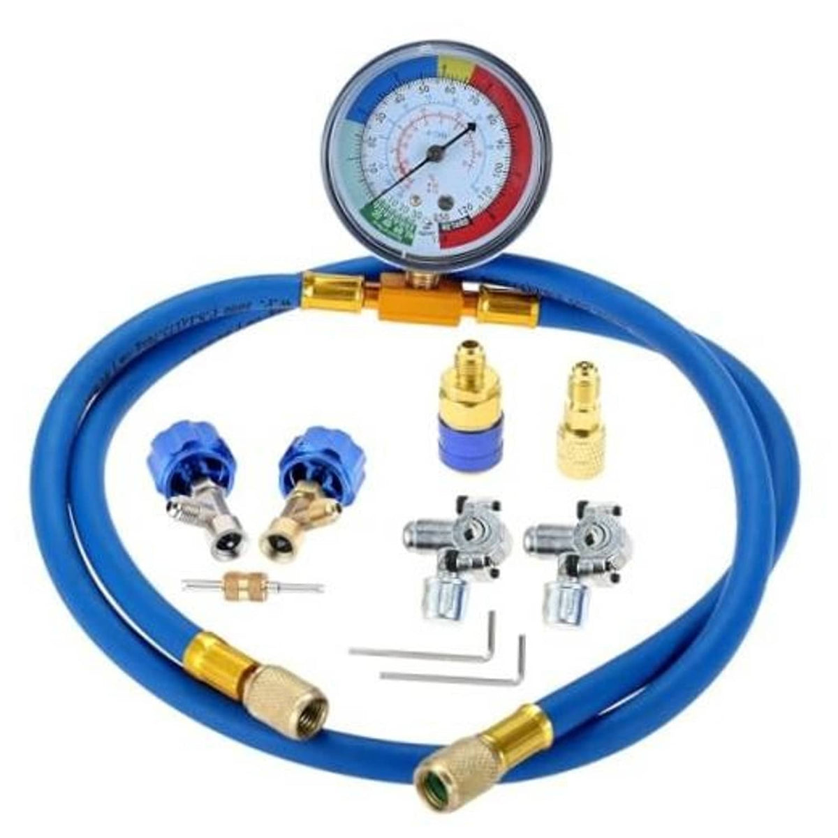 Refrigerant charging hose kit with blue hose, brass fittings, and pressure gauge