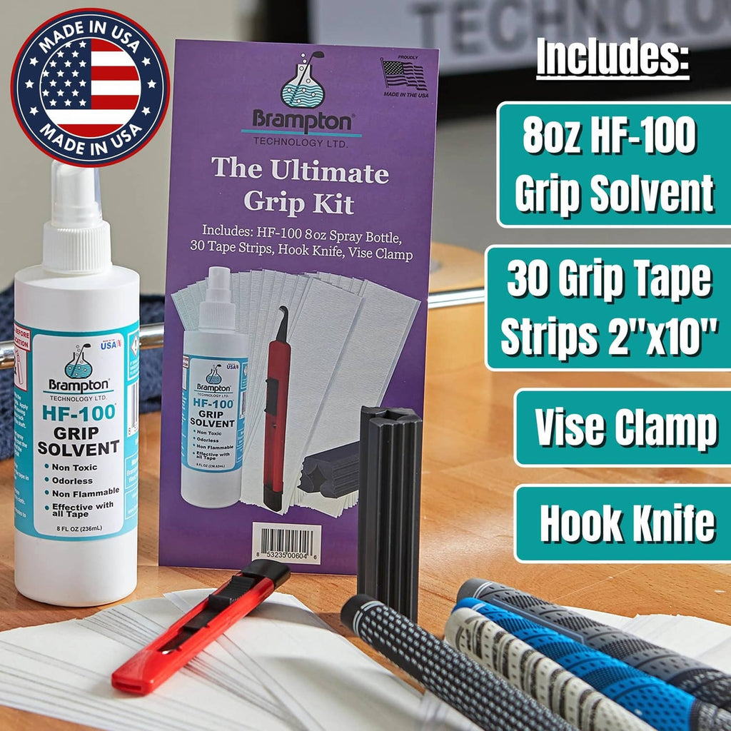 Ultimate grip kit items: grip solvent bottle, hook knife, grip tape strips, vise clamp