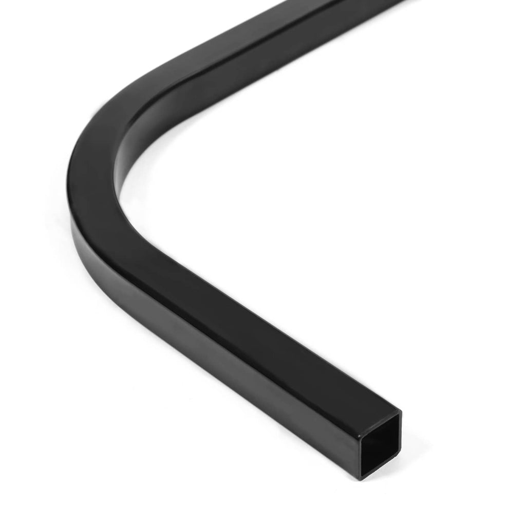 Black bent metal roof mounting support strut, close-up