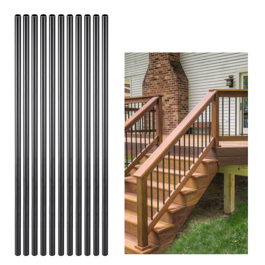 Bundle of black round deck balusters for porch railing installation
