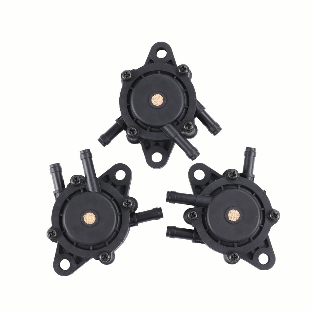 Three black diaphragm gas fuel pumps with mounting holes and side fuel ports