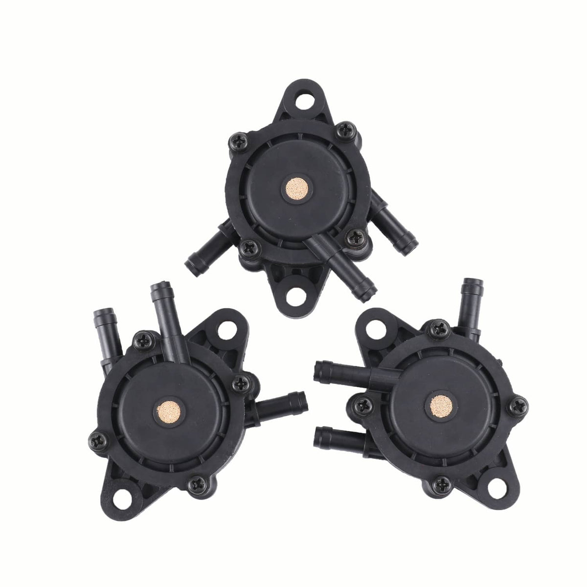 Three black diaphragm gas fuel pumps with mounting holes and side fuel ports
