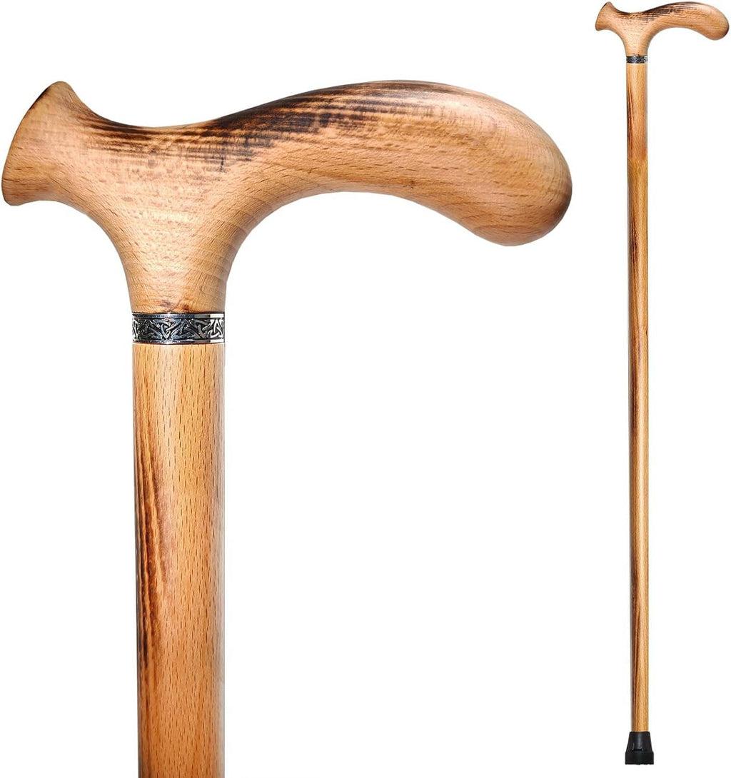 Wooden walking cane handle and shaft, light brown wood with dark grain detail.
