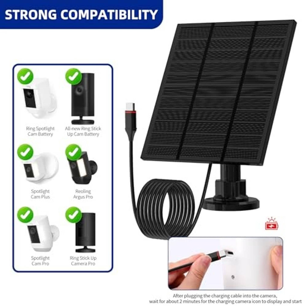 Black solar panel set with coiled charging cable, adapter plug, and mounting base