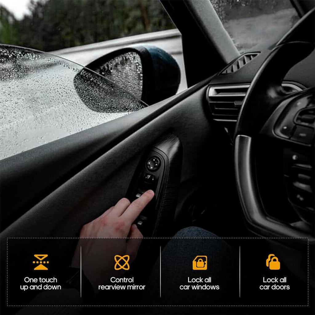 Black power window switch control buttons with one-touch and lock icons