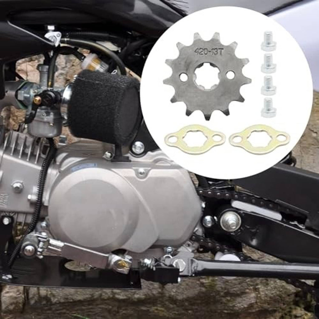 Front sprocket kit with 420-13T gear, bolts, and two gaskets for motorcycle fit