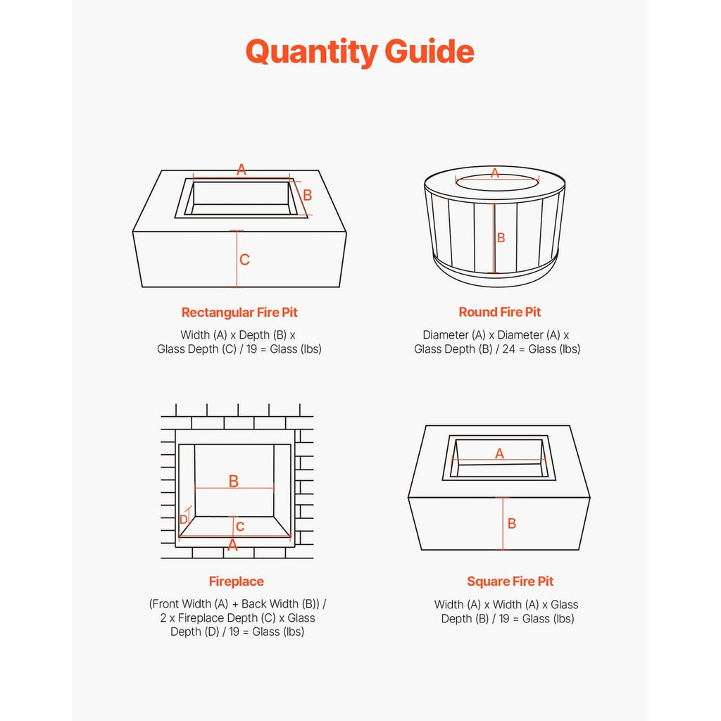 Fire pit glass rocks quantity guide diagram for rectangular, round, and square pits